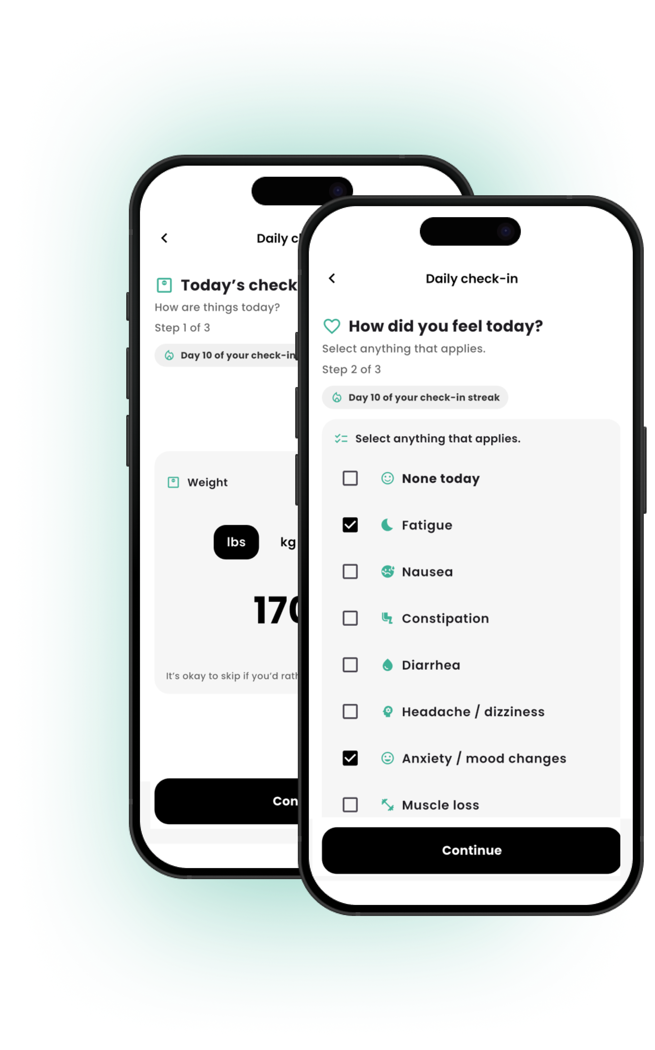 Glupi daily check-in screens showing weight and how you felt today.