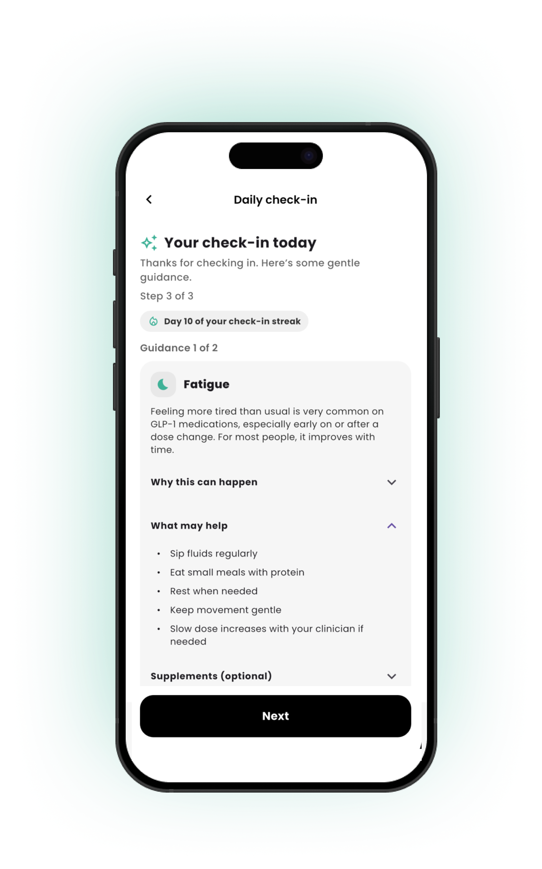 Glupi symptom guidance screen with calm, practical suggestions.