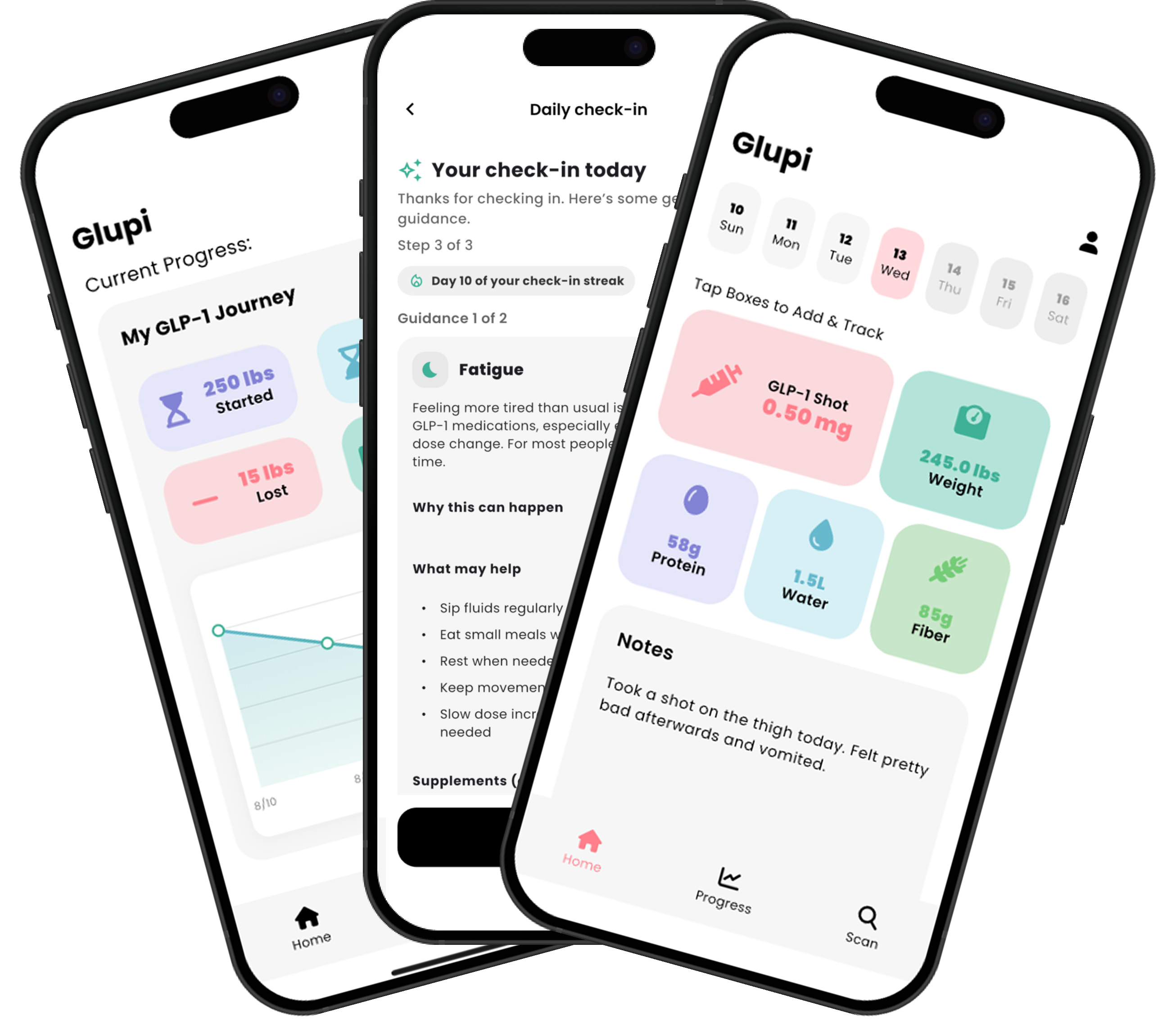 Glupi app preview showing the daily check-in dashboard and progress screens.