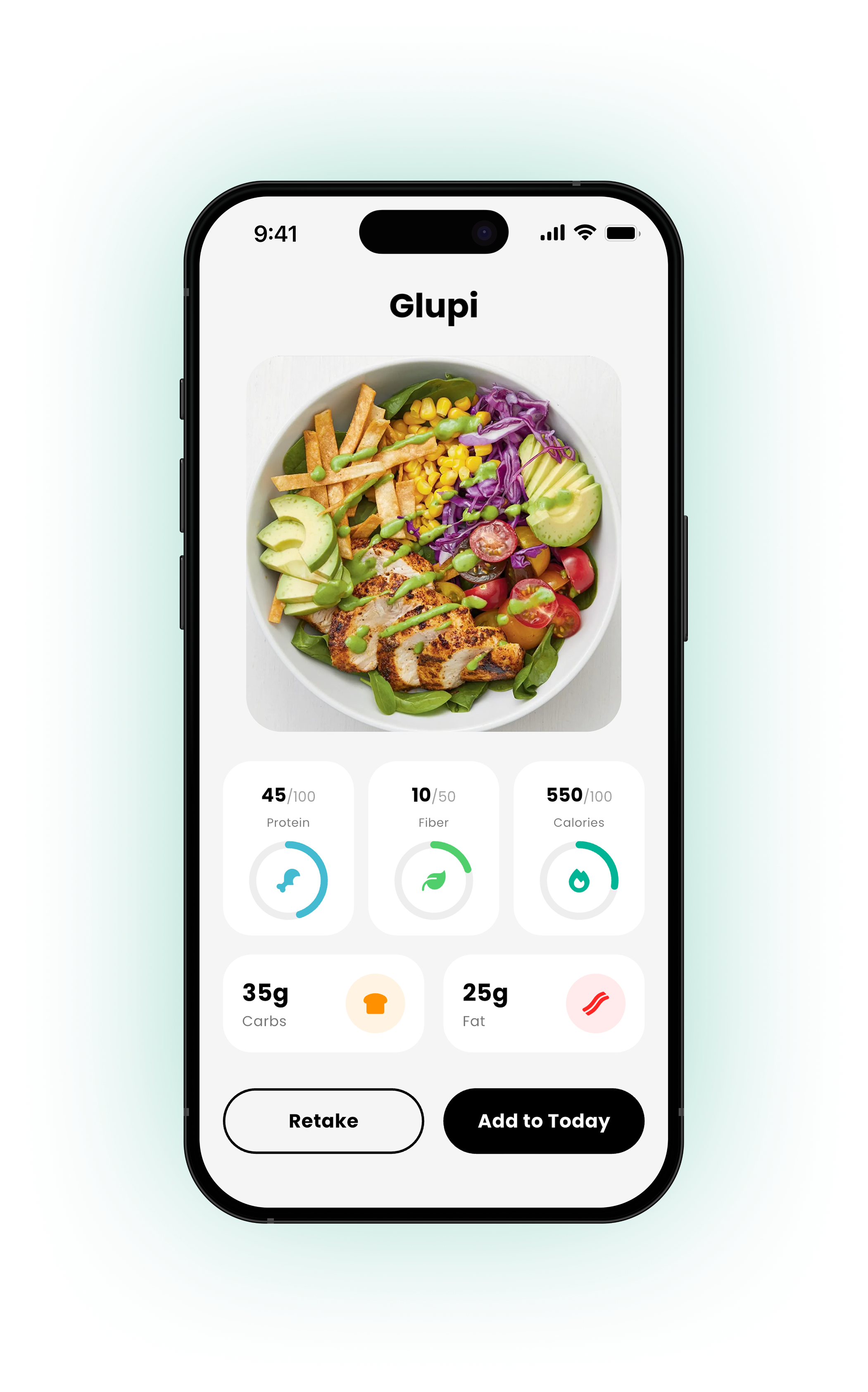 Glupi nutrition screen showing a meal photo and macro targets like protein, fiber, and calories.