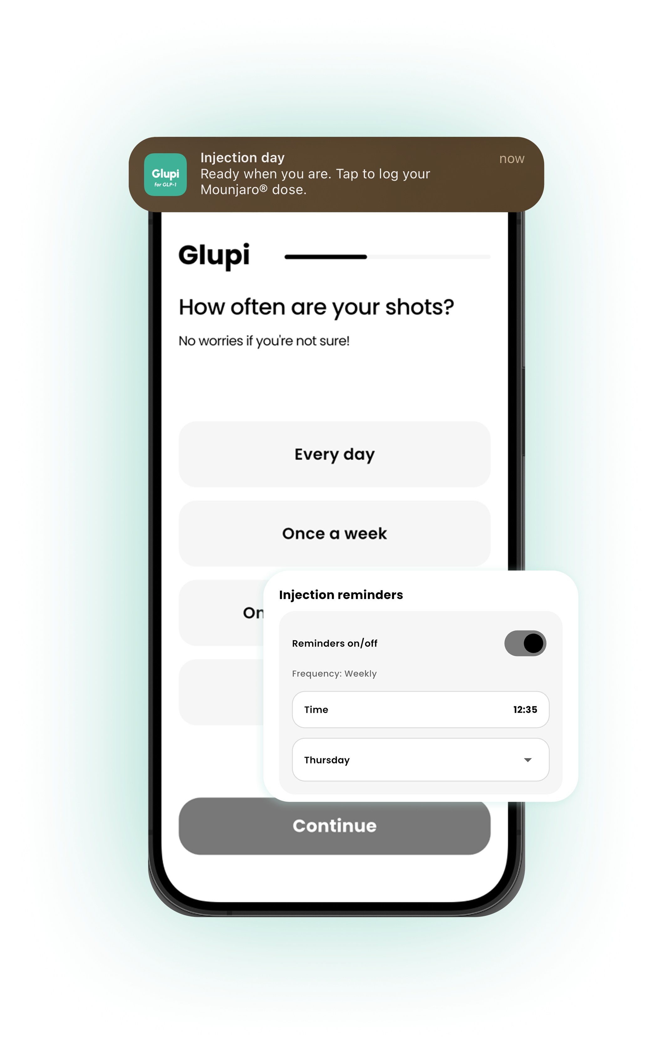 Glupi reminder screen showing injection-day notification and logging tiles.